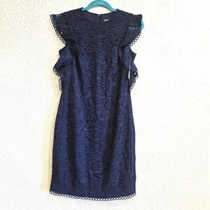 Vince Camuto Navy Blue Floral Eyelet Lined Dress A-Line Mini Cap Sz 4